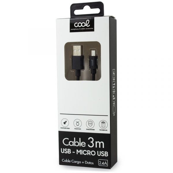 Cable USB Compatible COOL Universal (micro-usb) 3 metros Negro 2.4 Amp - Imagen 2