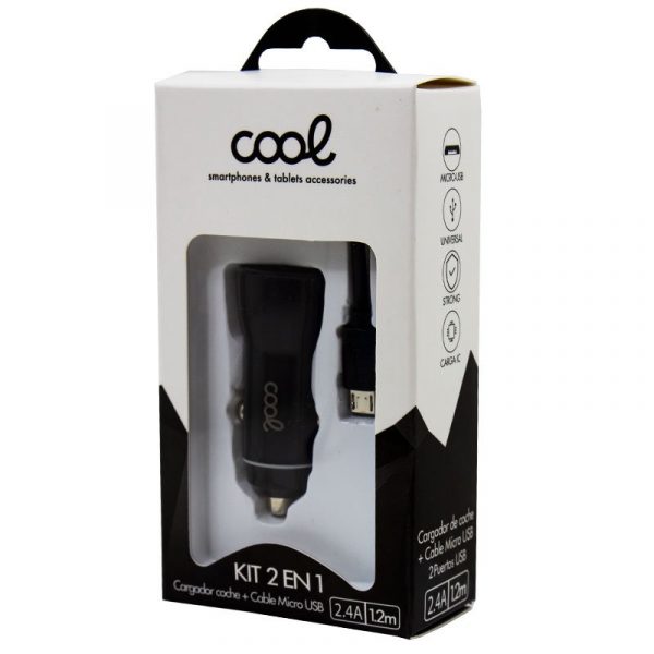 Cargador Coche Cable MicroUsb (2 x Usb) COOL 2.4A Kit 2 en 1 Negro - Imagen 3