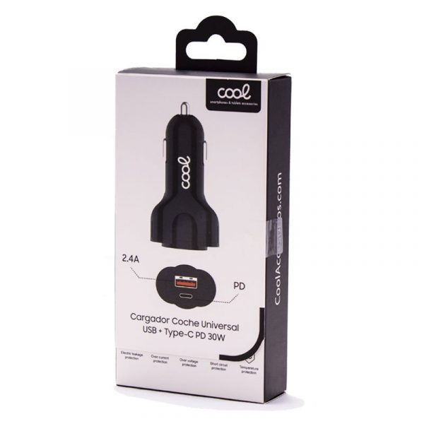 Cargador Coche Universal Entrada USB + Entrada Tipo C PD COOL (30W) Negro - Imagen 3