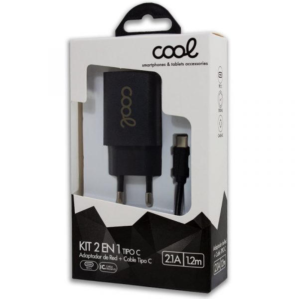 Cargador Red Conector Tipo-C 2.1Amp Universal COOL Kit 2 en 1 Negro - Imagen 3