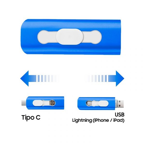 Pen Drive USB x64 GB COOL (3 en 1) Lightning / Tipo-C / USB Azul - Imagen 2